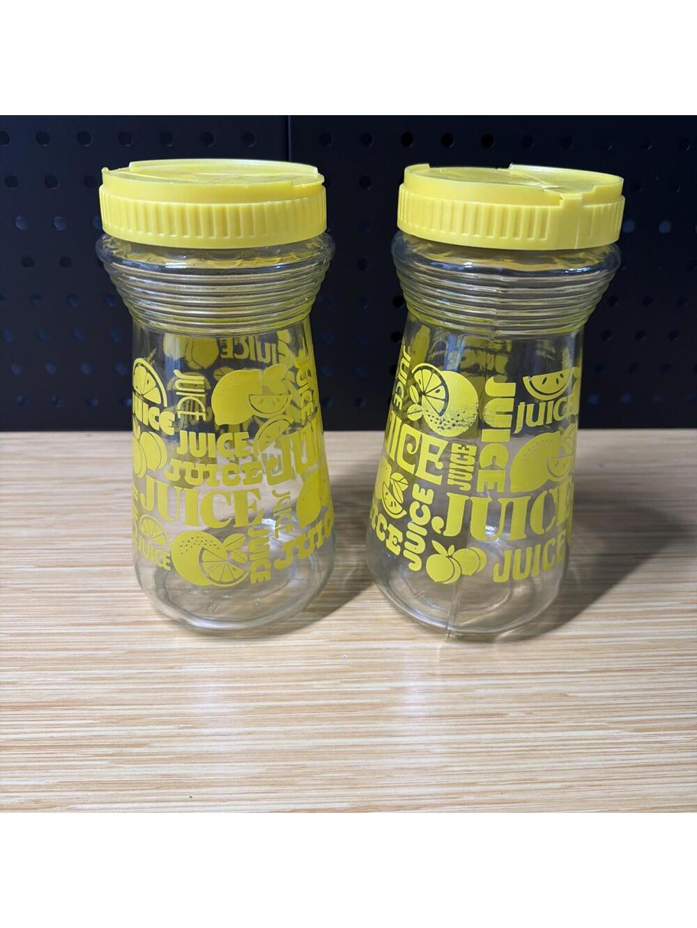 2 VTG Anchor Hocking Juice Jar Jug Yellow Flip Top Lid LEMON Design 24oz USA *